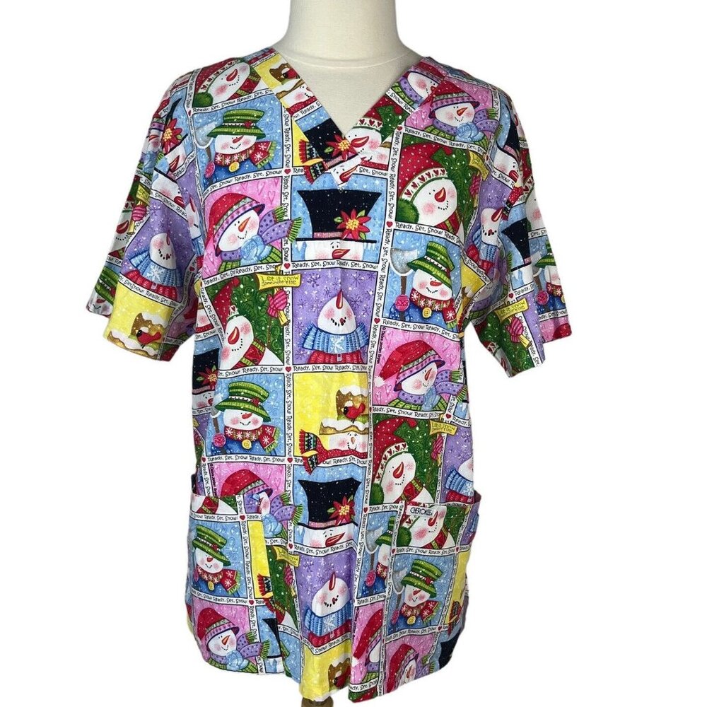 Cherokee Christmas Snowmen Scrub‎ Top Shirt Womens Medium White Blue Vneck